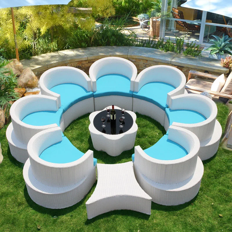 

Гостиничный коммерческий набор диванов, белая уличная мебель из ротанга и поворотный стул-планер, садовый диван, Экологичная пластиковая хлопковая ткань