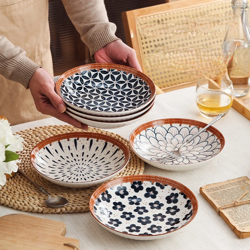 

Retro Japanese-style Deep Round Ceramic Plate 8-inch Rattan Creativity and Wind Household Tableware Western Dishes Soup Plate