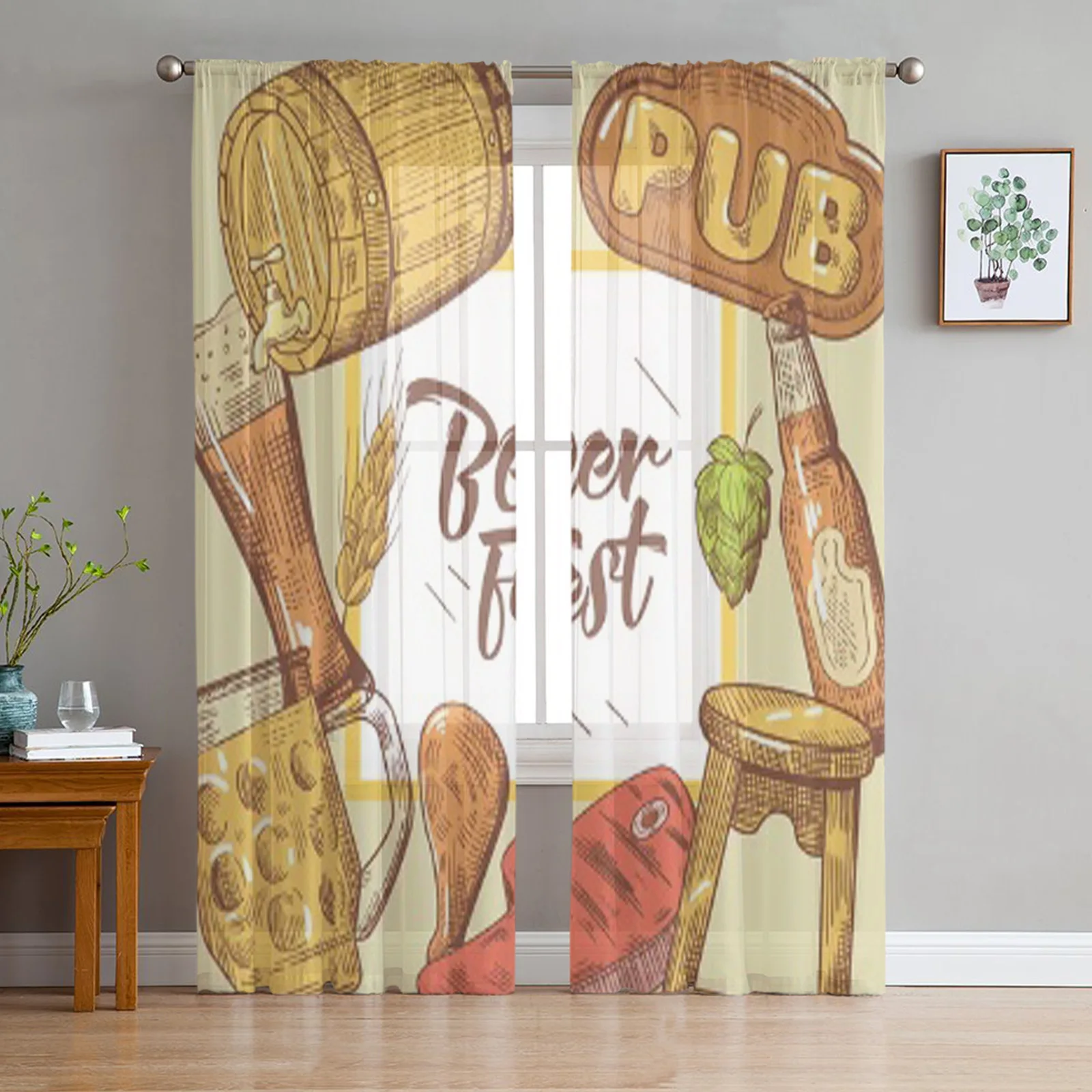 

Beer Festival Advertising Poster Banner Tulle Sheer Curtains for Living Room Bedroom Kitchen Decoration Voile Organza Curtains