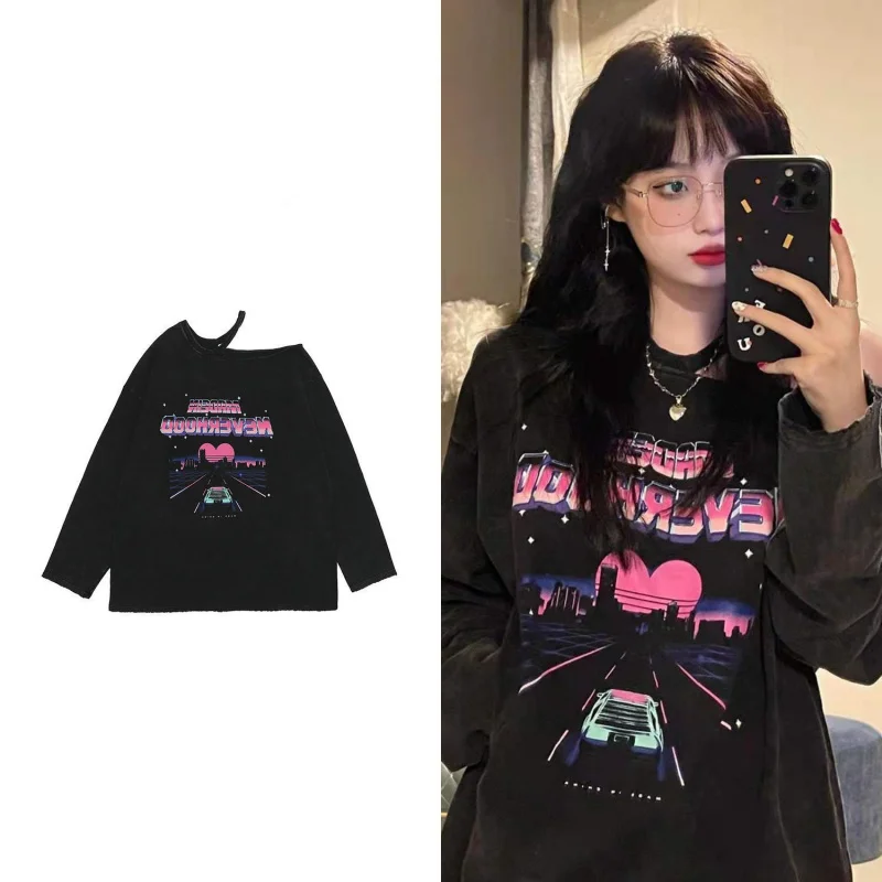 

COZOK/Autumn new American Retro Hip Hop Long Sleeved T-shirt Men And Women Ins Tide Brand Loose Base Shirt Women Clothes