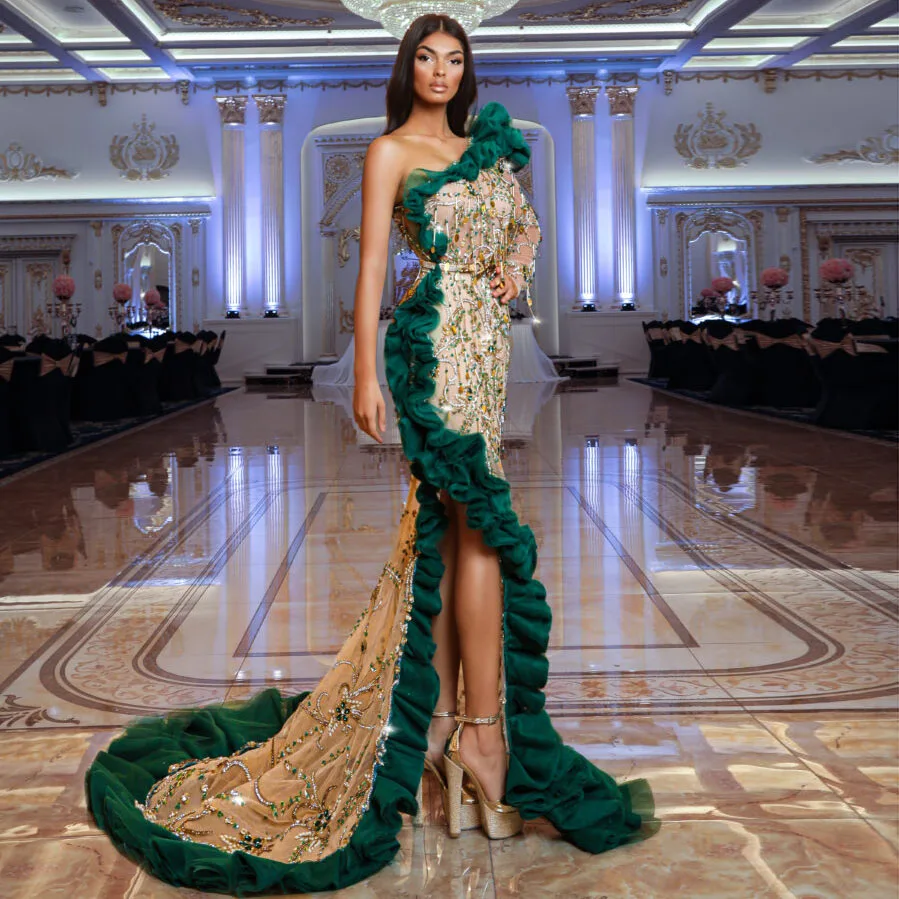 

Colorful Crystal Beaded Evening Dresses One Shoulder Sparkle Long Split Prom Gowns Ruffles Tulle Edge Luxury Formal Dress