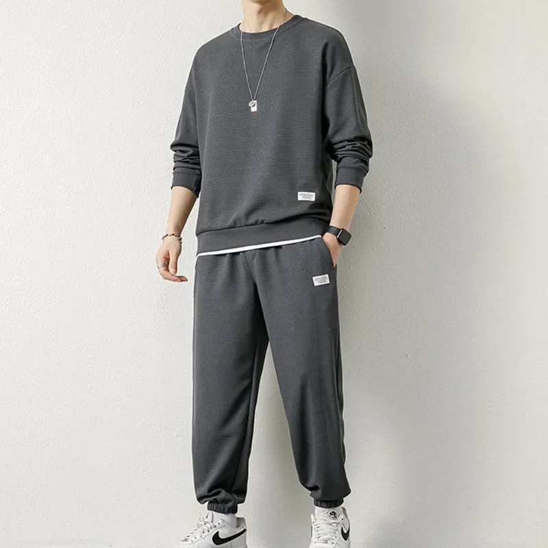 

Spring Autumn New Men Waffle Two-Piece Casual Loose Long Sleeve and Pants O Neck Solid Color Pullover+outdoor Running Pants Set