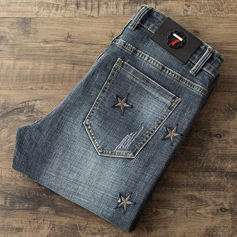 Europe and The United States New Embroidery Worn Holes Slim Skinny Jeans Trendy Men Casual Trousers Fashion Streetwear Softener