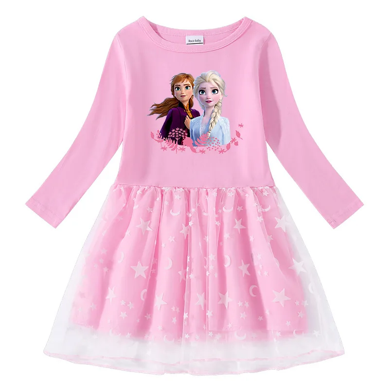 

Disney Frozen 2022 Spring and Autumn New Baby Girl's Dress Cotton Print Cartoon Star Moon Mesh Long Sleeve Princess Dress 2-8Y