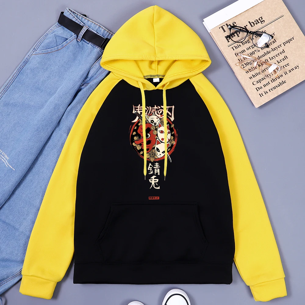 

Demon Slayer Monster Mask Cherry Blossom Printing Male Raglan Long Sleeves Autumn Casual Streetwears Vintage Fleece Mens Hoodies