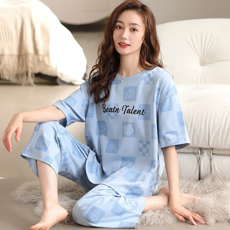 Pajamas Women's Summer Thin Cotton Short-sleeved Large Size Loose Can Be Worn Outside Home Suit Two-piece Breathable Sleepwear
