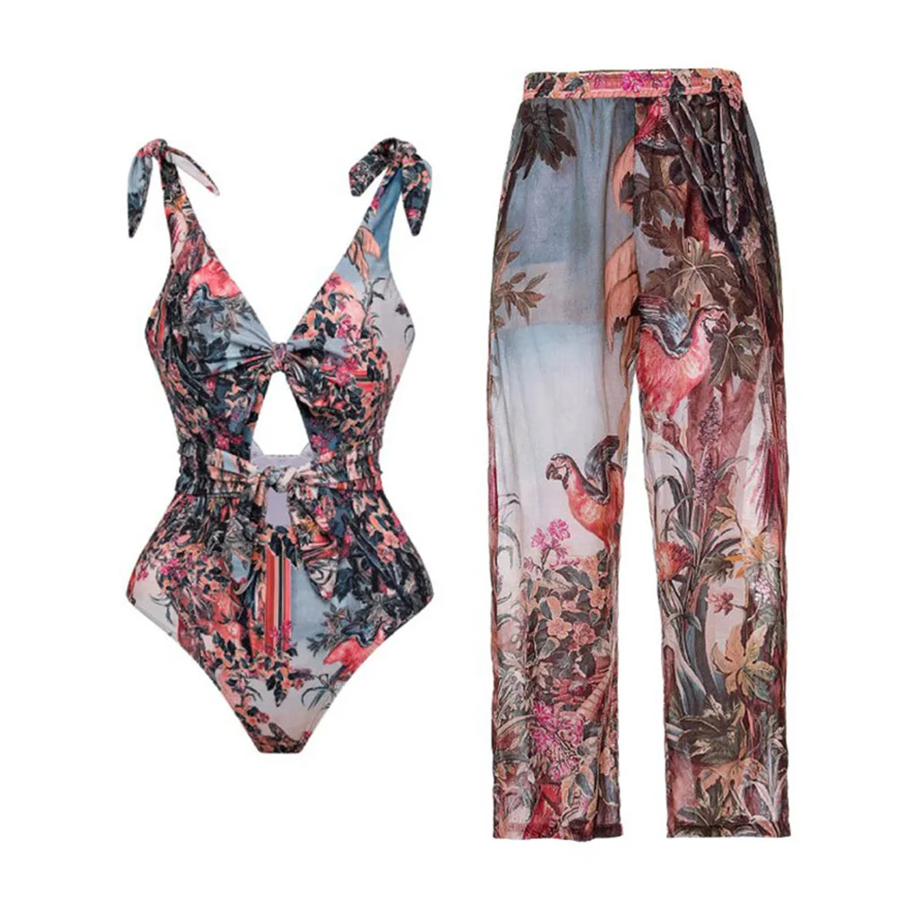 

Fashion Print Tie One Piece Swimsuit with Skirt Woman 2023 New Hollow Out Swimwear Holiday Beach Beachwear Bathing Suit Monokini