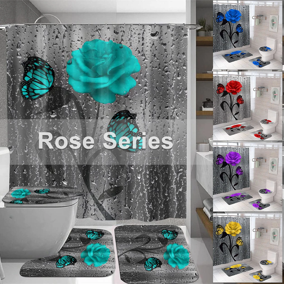 5 Colors Rose Series Print Shower Curtain 3D Waterproof Shower Curtain Set with Non-Slip Rugs, Bath Mat, Toilet Lid Cover
