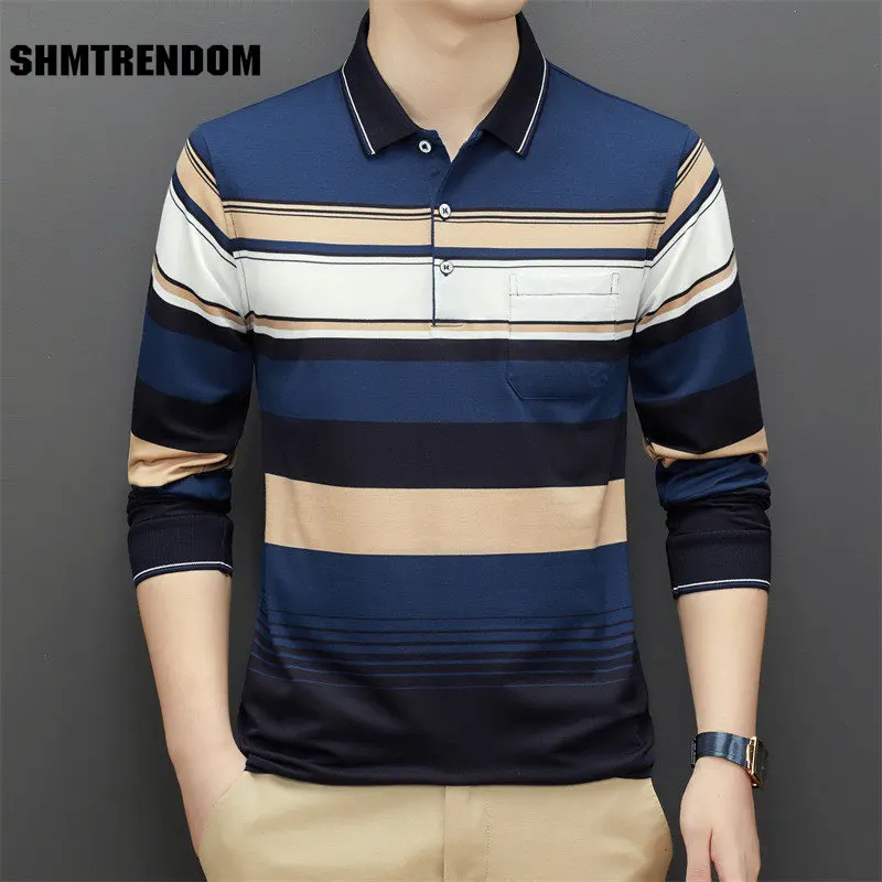 

Мужская рубашка-поло с длинным рукавом, в полоску