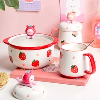 kawaii peach ceramic water cup with lid spoon coffee mugs cute creative tea milk juice beer breakfast cup girl gift