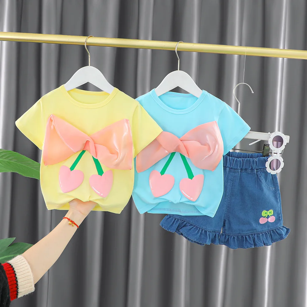 Summer Baby Girls' Clothing Set Short Sleeve Flower T-shirt+Denim Shorts Two Piece Children's Set Fashion Set Soft Clothing 1-4Y