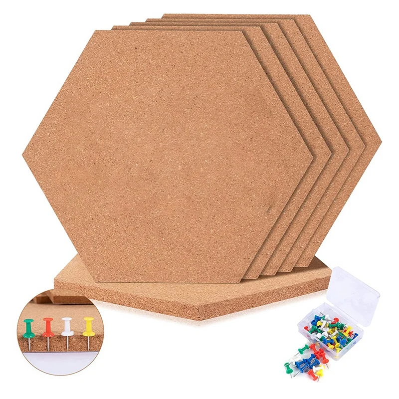 

6Pcs Tiles Thick Self Adhesive Cork Board Thick Wooden Board For Wall-Board Pin Board Cork Tiles For Office Home 60 Push Pins