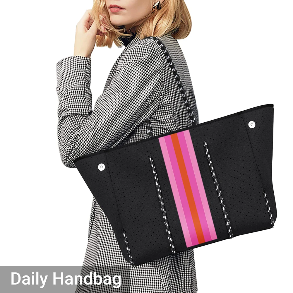 

Large Capacity Tote Bags for Women Portable Neoprene Tote Bag Stripe Print with Zipper Bag for Shopping for Yoga Fitness