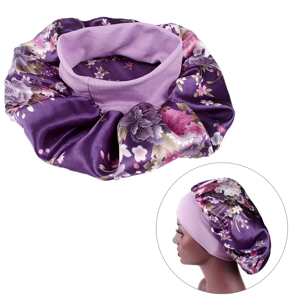 

Satin Bonnet Cap Wide Band Flower Cap Night Cap Hair Care Bonnet Headwrap Hair Loss Cap for Ladies ( Purple )