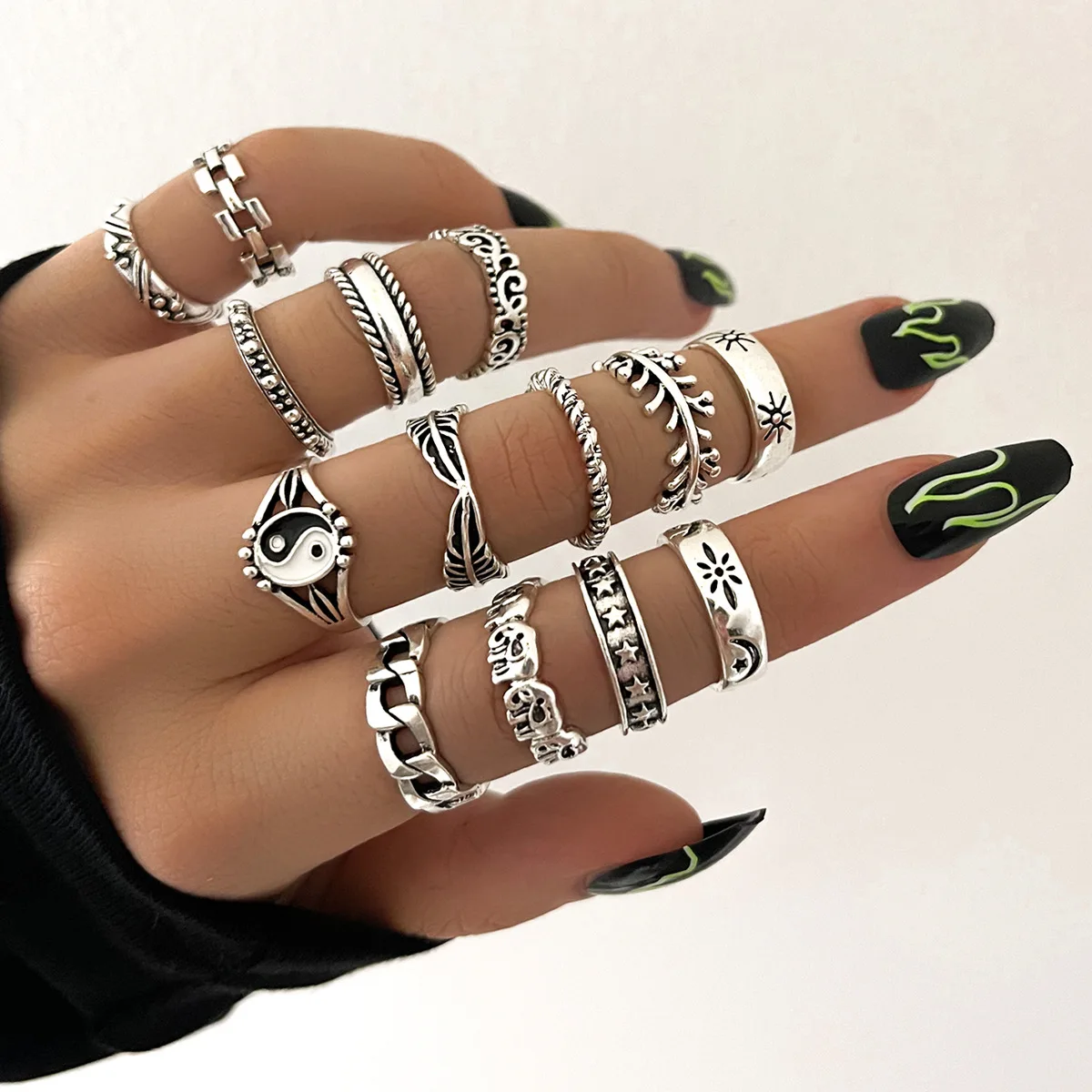 

Vintage 14 PCS Tai Chi Rings Set for Woman Girl Punk Silver Aesthetic Gothic Kpop Finger Rings Anillos Emo Fashion Jewelry Gift