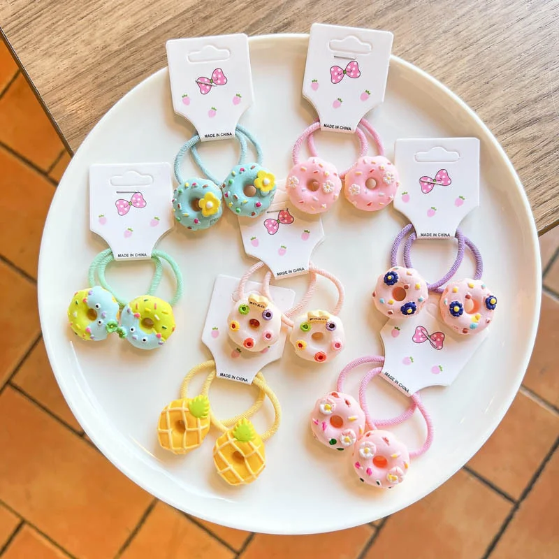 

2022 Summer Pair Creative Personality Cute Funny Color Doughnut Elastic Hair Band For Baby Girl Small Rubber Ties Rope Gift
