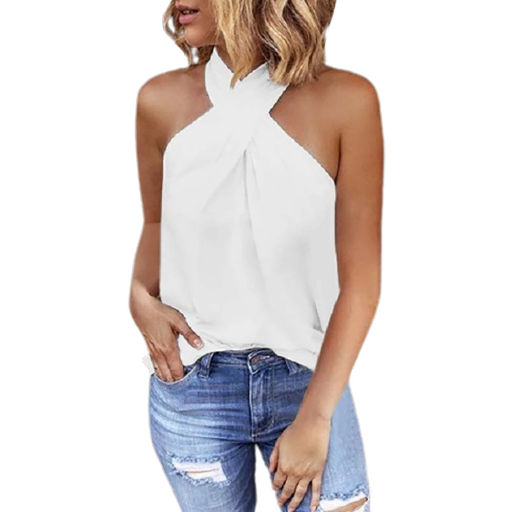 

Solid Tank Top Women Off Shoulder Halterneck Sleeveless Vest Plain Beach Casual Girls Shirts Summer Tank Tops Girls Vest