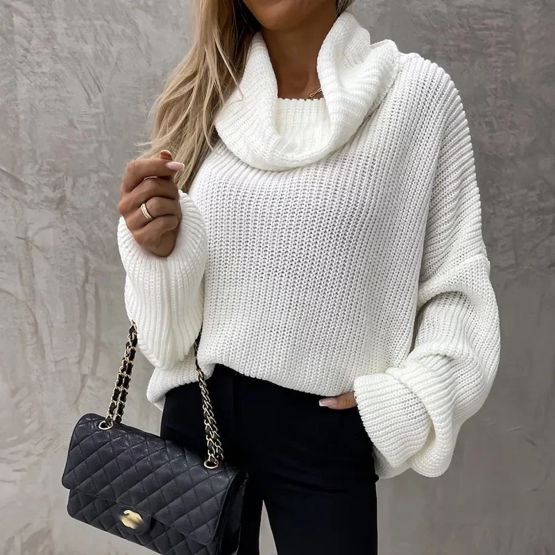 

Элегантный пуловер с высоким воротом и длинным рукавом, свитер, Женский Осенний модный однотонный вязаный свитер, Женский Повседневный свободный свитер для поездок на работу, 2022