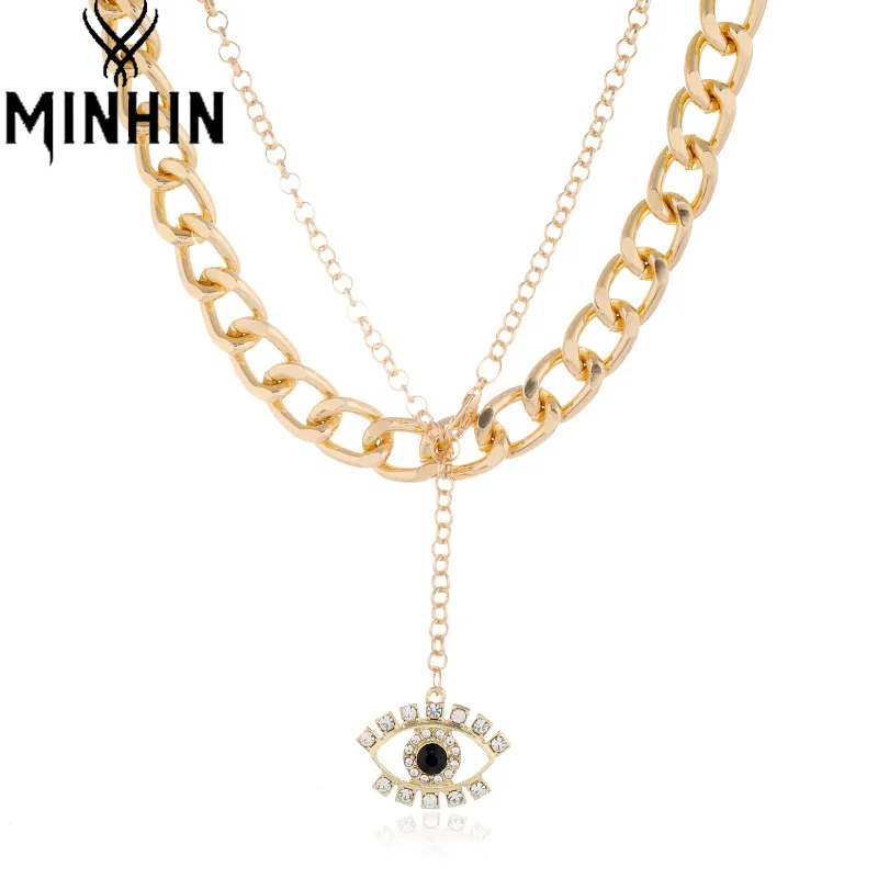 

MINHIN 2pcs/lot Creative Round Black Crystal Necklaces for Women Eye Dangle Link Chain Shiny Zircon Metal Jewelry Cuban Chain