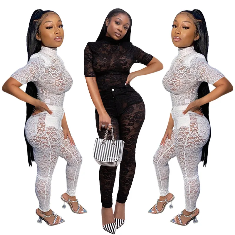 

Women's Lace Suit Sexy Perspective Club Clothes Fashion Short Sleeves Tight 2-Piece Summer Nightclub Party Women Clothing