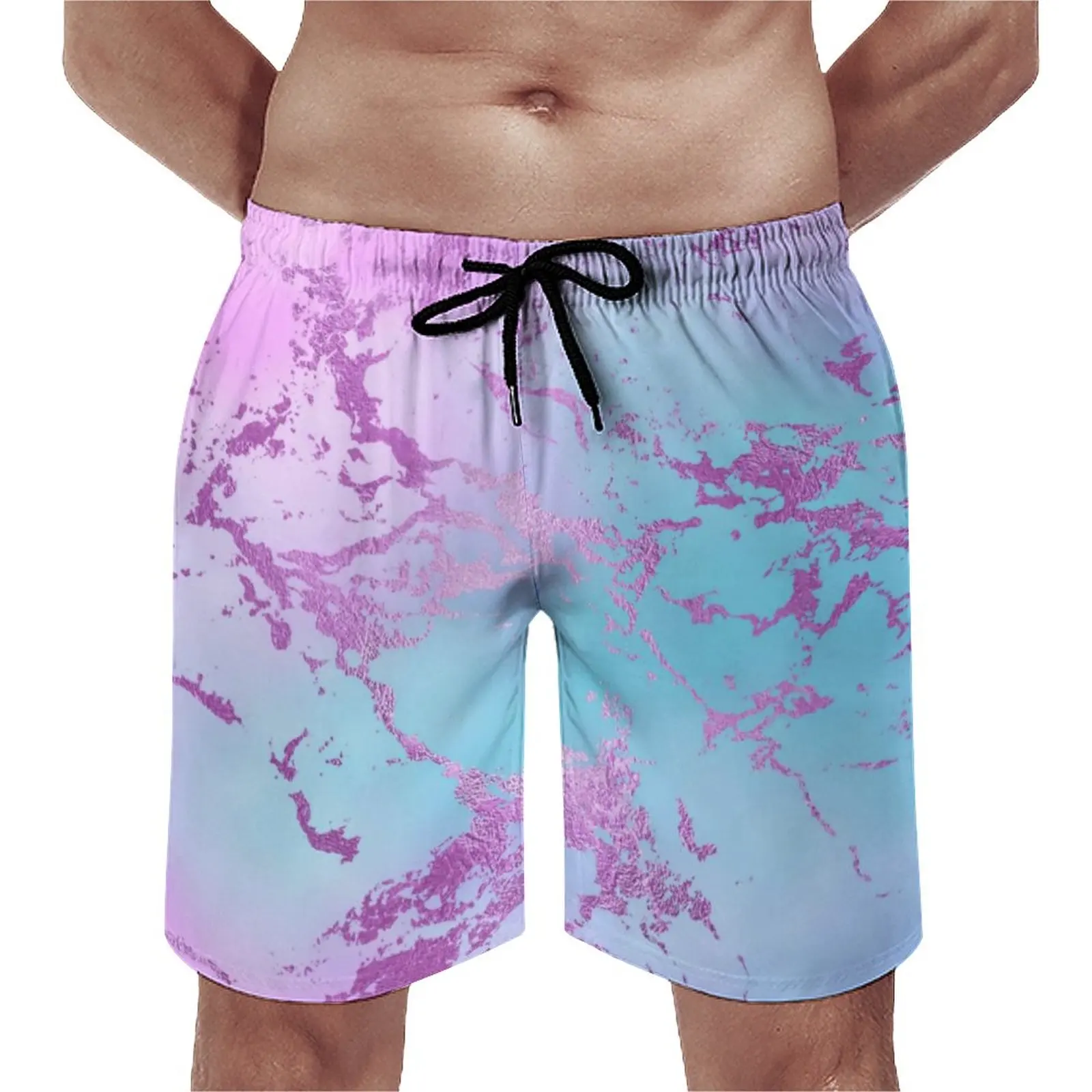 

Pink Blue Purple Ombre Board Shorts Summer Glitzy Marble Print Running Beach Shorts Quick Dry Graphic Oversize Swimming Trunks