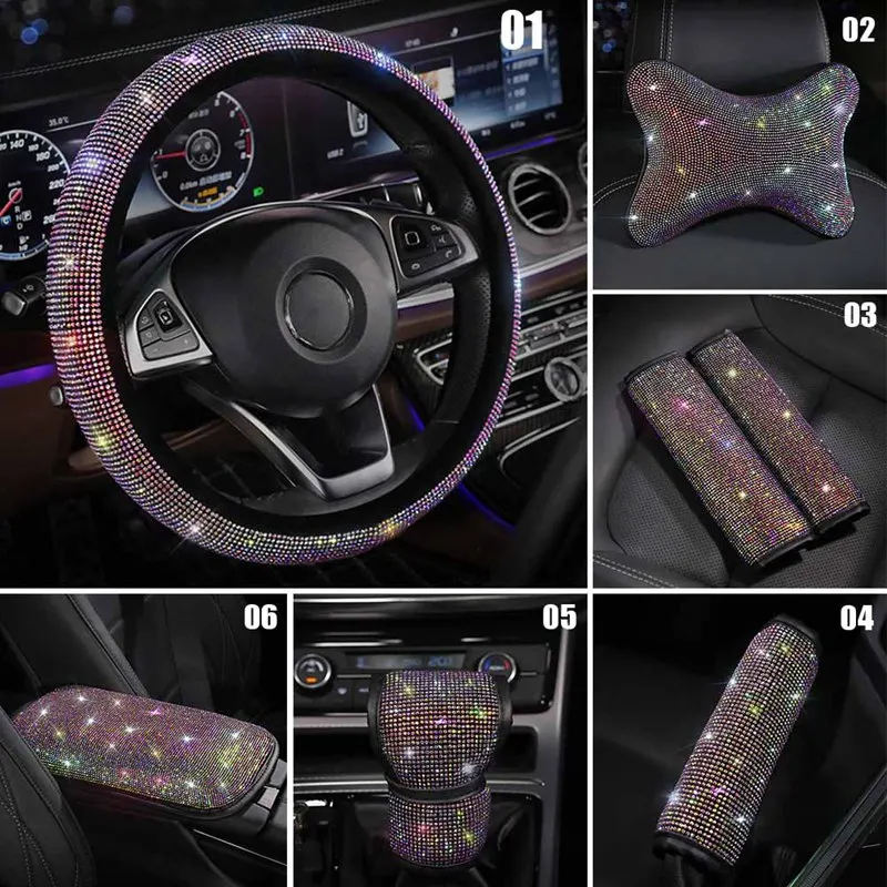

Bling Rhinestones Crystal Car Interior Accessories Diamond Steering Wheel Cover Neck Pillows Waist Support Handbrake Shift Set