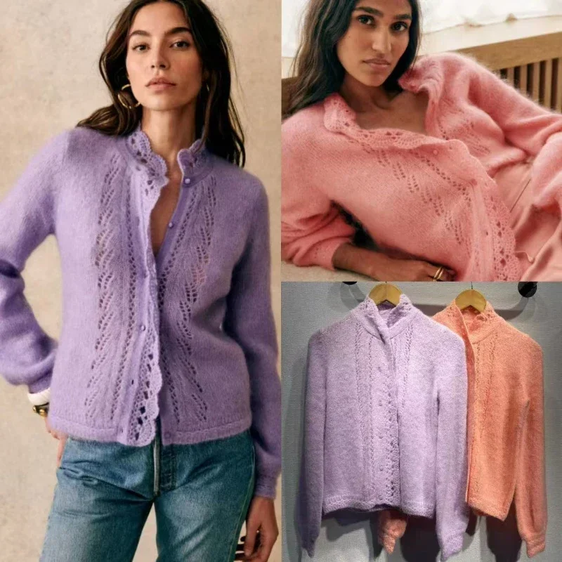 

Женский вязаный свитер с ажурным узором, вязаный свитер с высоким воротником и рукавами-фонариками, кардиган для осени и зимы, 2023