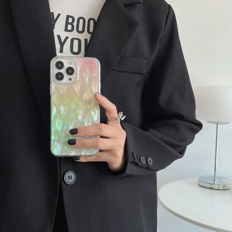 Gradient Natural Shell Fritillary Back Cover Case for IPhone 13pro Max Phone Case for Iphone 11 12 13 Pro Max Trend Silver Cover