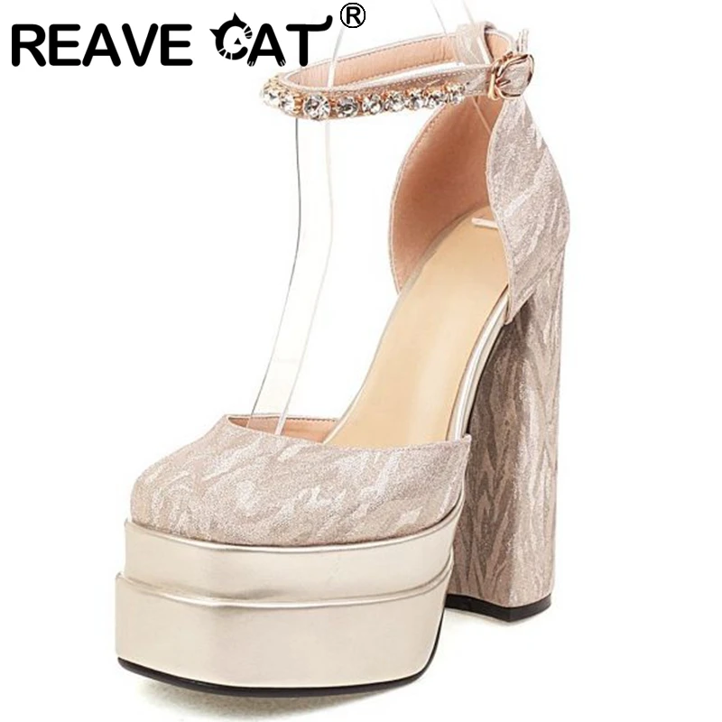 

REAVE CAT Women Sandals Platform Square Toe Sequined Rhinestone Chain Fashion Big Size 33-43 Silver Gold Party Spring Sexy S3350