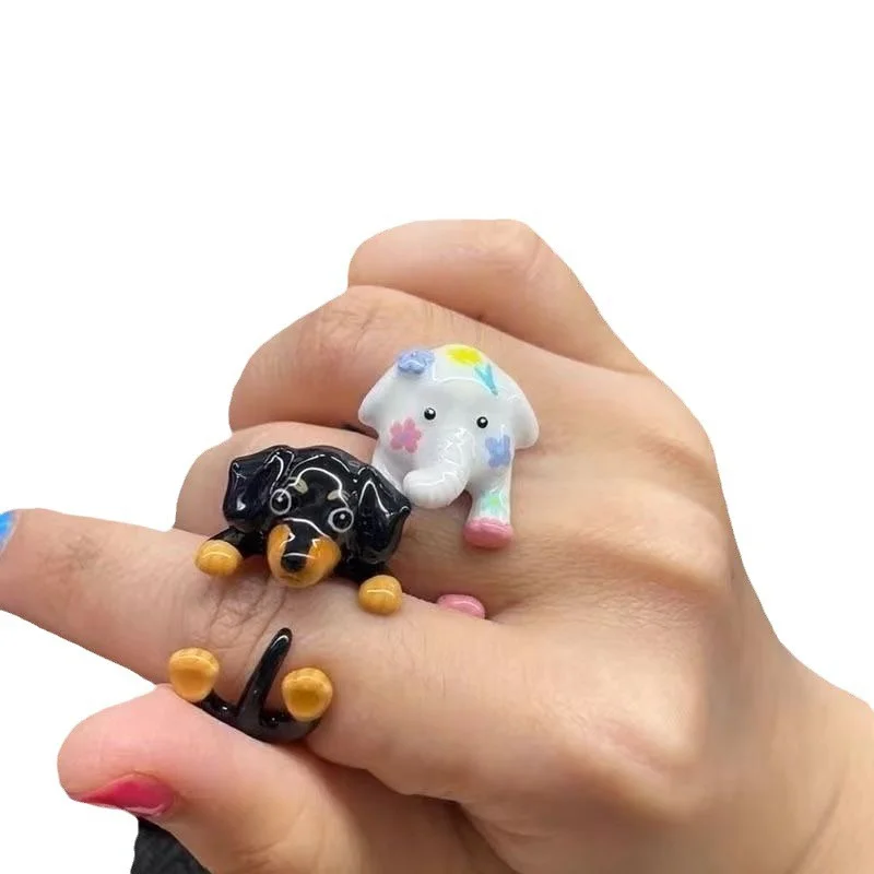 Trendy Female Ins Niche Design Childlike Cute Dachshund Cartoon Elephant Ladies Ring Wholesale