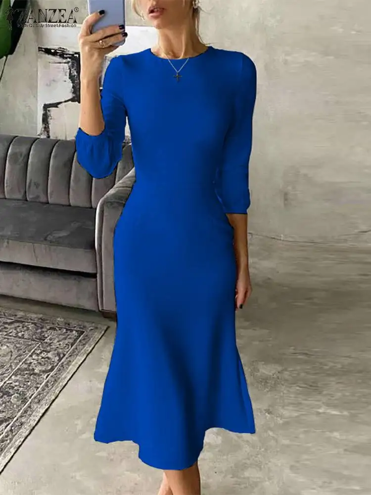 

ZANZEA 2023 осеннее женское ТРАПЕЦИЕВИДНОЕ ПЛАТЬЕ средней длины, элегантное платье с круглым вырезом и присборенной талией, коктейльные платья с рукавами-фонариками
