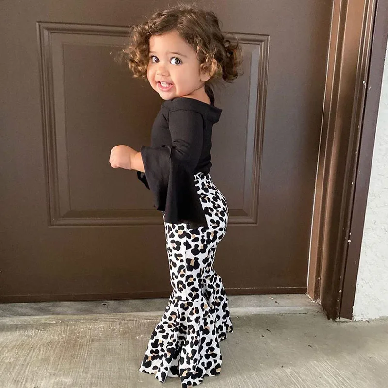 

2022 New 1to7Y Autumn 2pcs Sets Knitted Tops+Leopard Print Flare Pants Infants Kids Costume Birthday Party Baby Girls Clothes