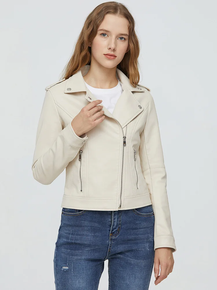 

Куртка женская короткая из искусственной кожи, приталенный силуэт, Байкерская уличная одежда на молнии, с отложным воротником, бежевая верхняя одежда, весна-осень