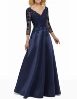 vintage navy blue formal evening dress v neck 34 sleeve floor length satin lace prom party gowns customed robe de soiree