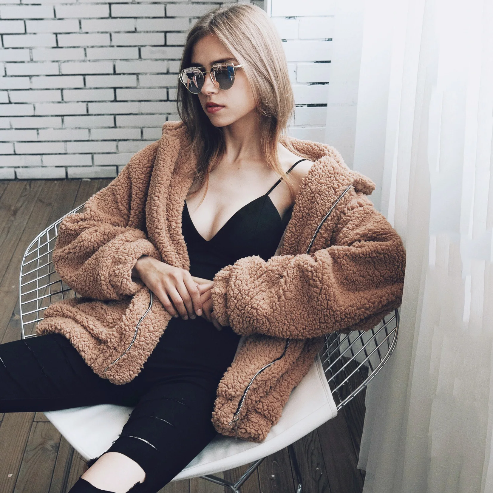 Zipper Solid Color Pure Faux Fur Tendy Fur Jacket Casual Coat Women's Fashion In Autumn  Winter Short  Winter Coat Women