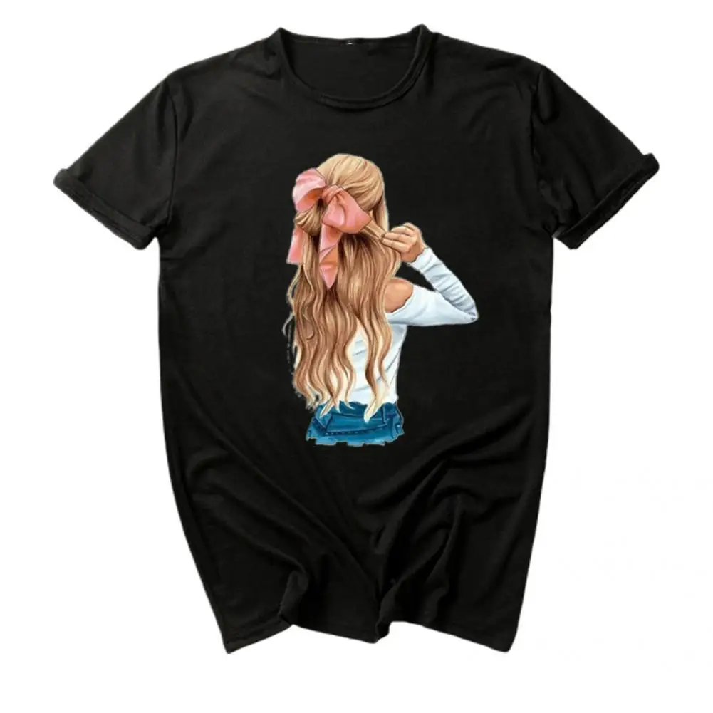 

Summer Top Crew Neck Ladies T-shirt Long Hair Girl Pattern Tee Shirt