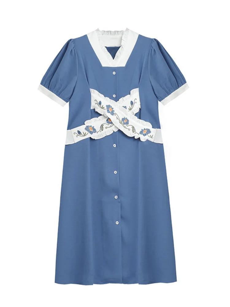 

Женское винтажное платье в стиле пэчворк, синее длинное платье с оборками и цветочной вышивкой во французском стиле, элегантный наряд на лето