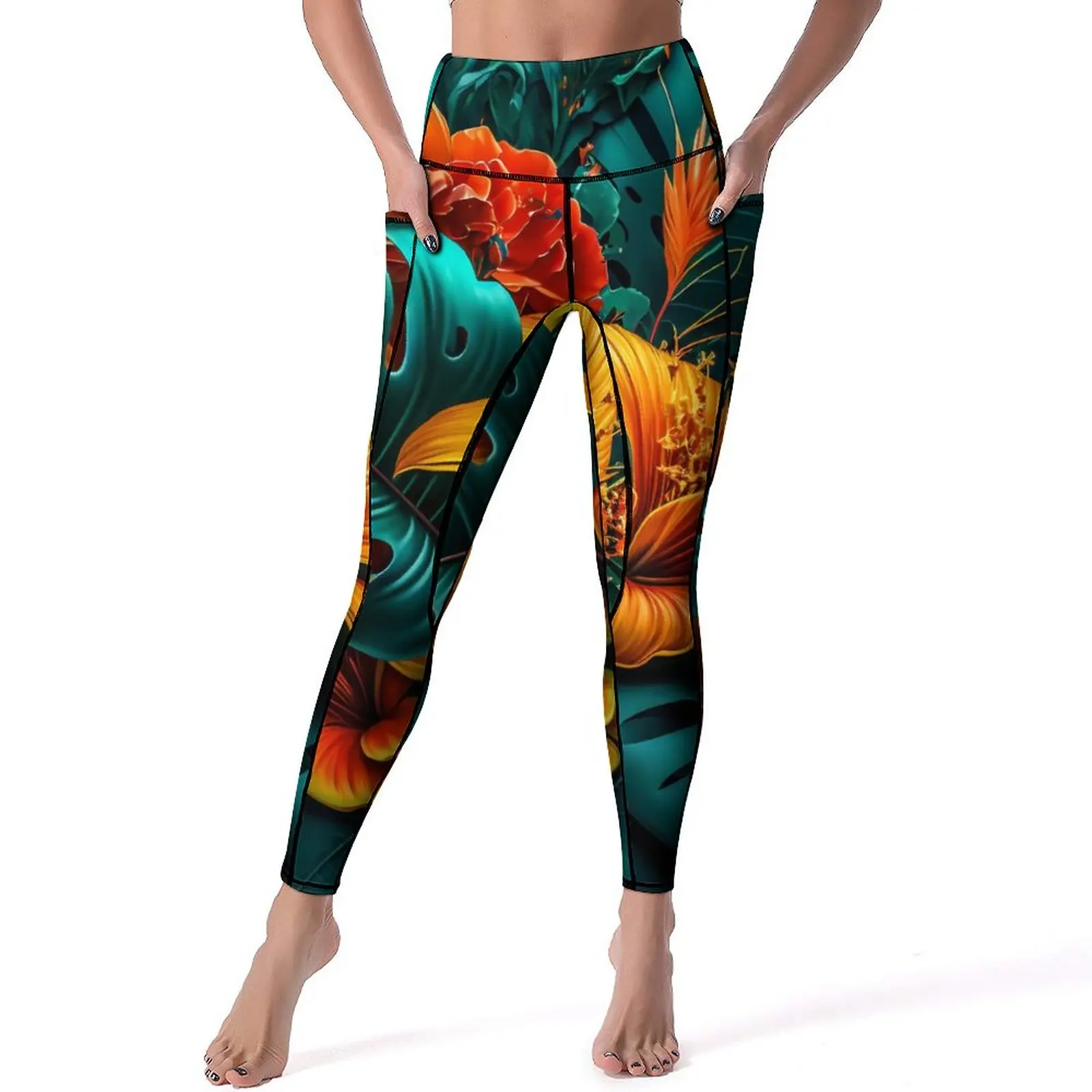 

Elegant Tropical Leggings Leaves Flowers Push Up Yoga Pants Breathable Stretch Yoga Legging Women Custom Fitness Sports Tights