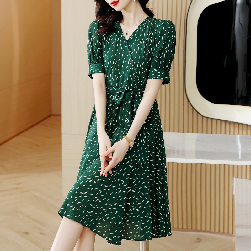 

Socialite temperament small chiffon dress 2023 spring and summer new lace-up waist closed printed MIDI skirt
