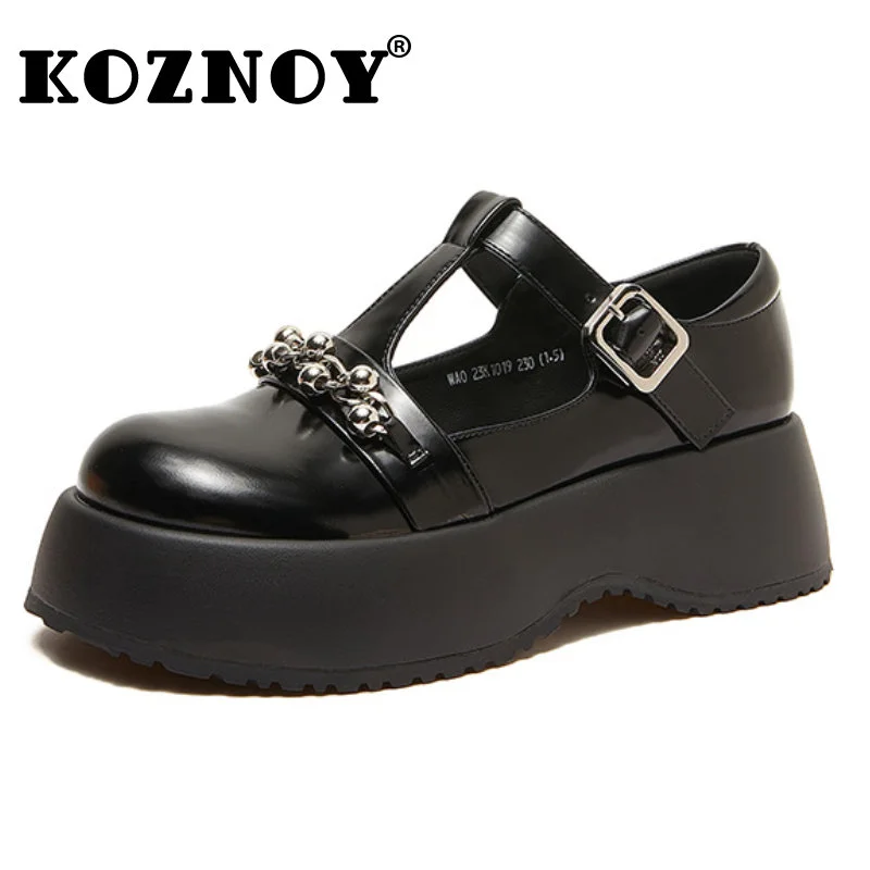 

Koznoy 6cm Buckle Patent Genuine Leather Summer Comfy ROME Mary Jane Round Toe Lolita Preppy Fashion Ladies Platform Wedge Shoes