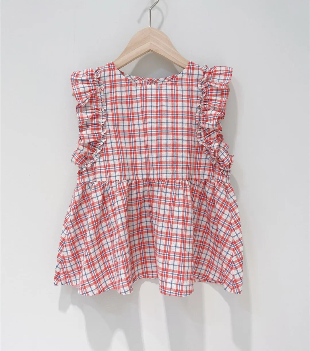 

Summer girls T-shirt cotton Red plaid lace skirt top cute little flying sleeves light and breathable T-shirt sweet tops