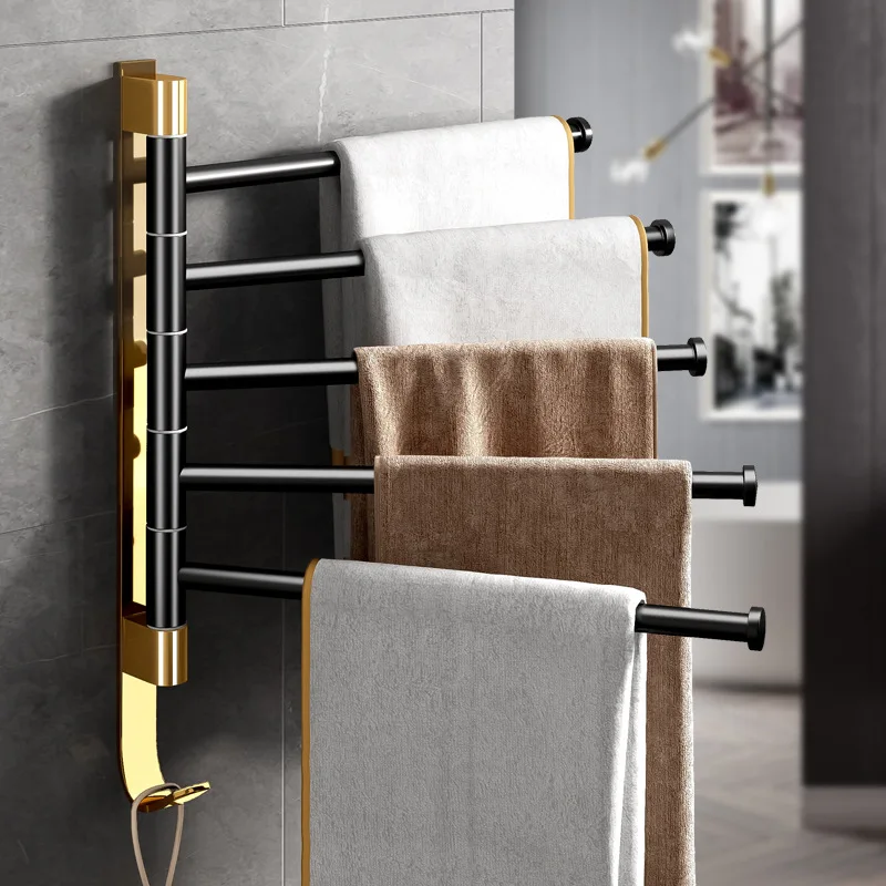 Towel Holder Rack Wall Mounted Fold Swivel Bathroom Punch-Free Aluminum 2/3/4/5-Bar Sticky Bathrobe Kitchen Rotatable Accessorie