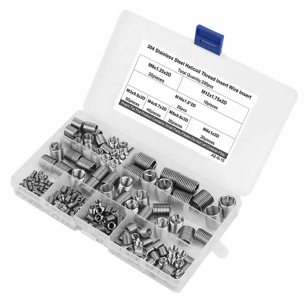 

200Pcs Wire Thread Inserts Kit 304 Stainless Steel Metric Helicoil M3-M12 Anti-loose Wire Screw Sleeve Thread Repair Kit