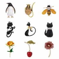 enamel lapel pin cute penguinblack catflowers brooches for women mens creative bugs pins fashion crystal insect badges gift