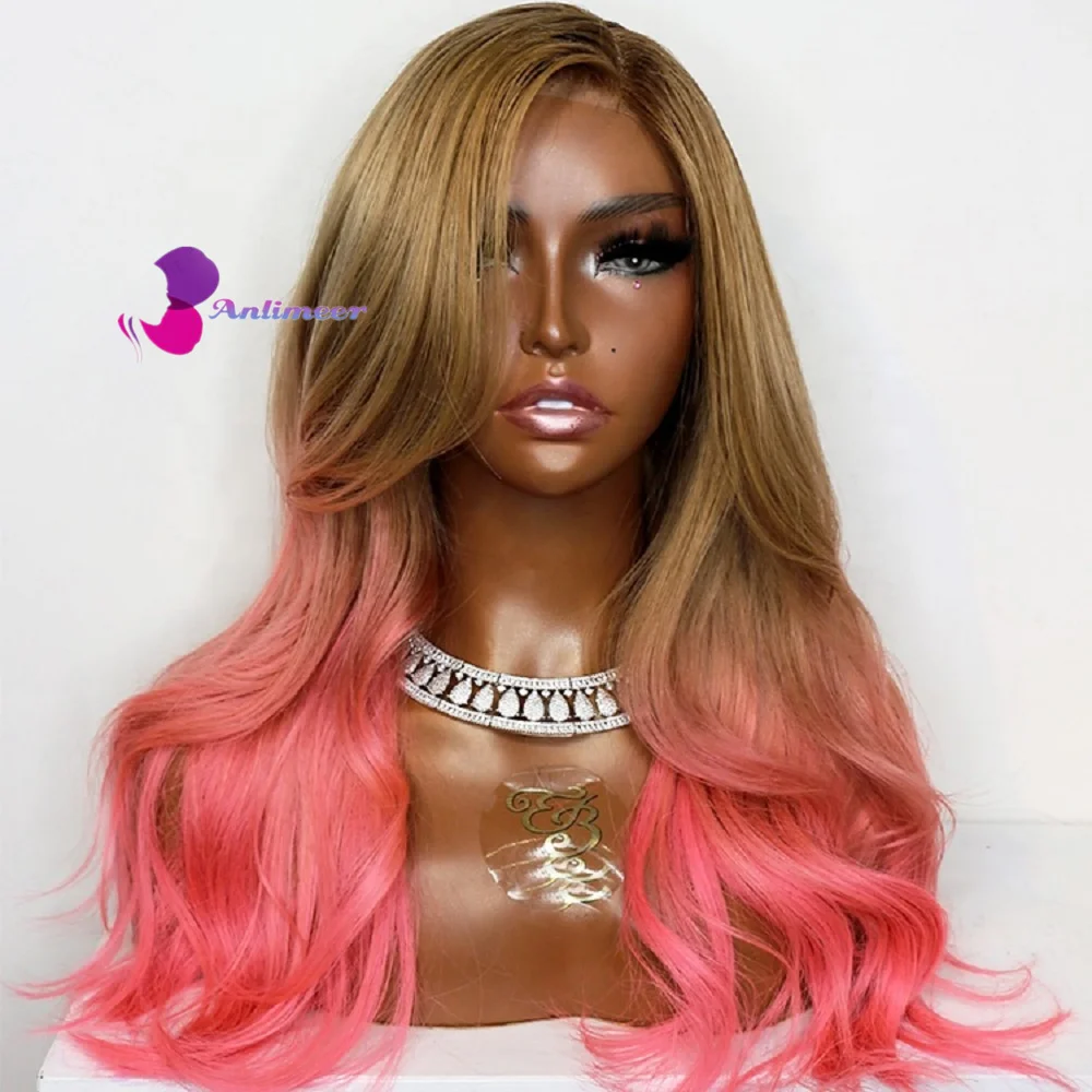 

Парик Омбре 4T27TPink, Омбре, медово-коричневый с розовым оттенком, парик свободного кроя, цветные передние парики на сетке, человеческие волосы,...