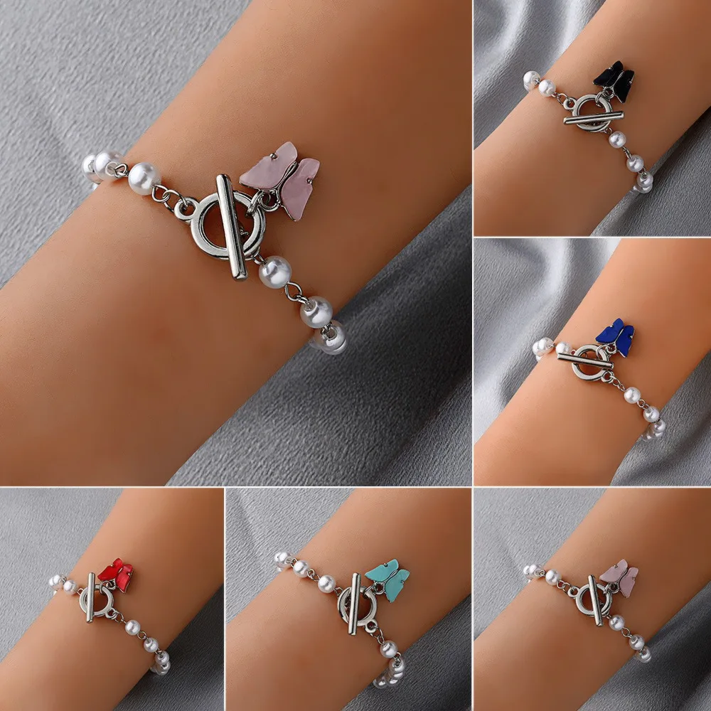 

Korean Fashion Simple Summer Buckle Acrylic Pearl Bracelet Colorful Butterfly OT Charm Bracelet For Women Jewelry Party Gifts