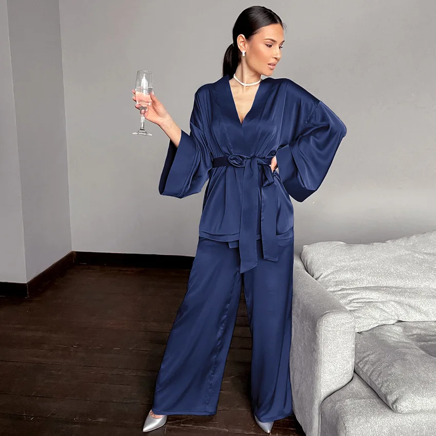 

Women Pajamas Casual 2 Piece Set Robes with Sashes Wrist Sleep Top Satin Pants Sleepwear Female Clothes Homewear Solid Nightwear