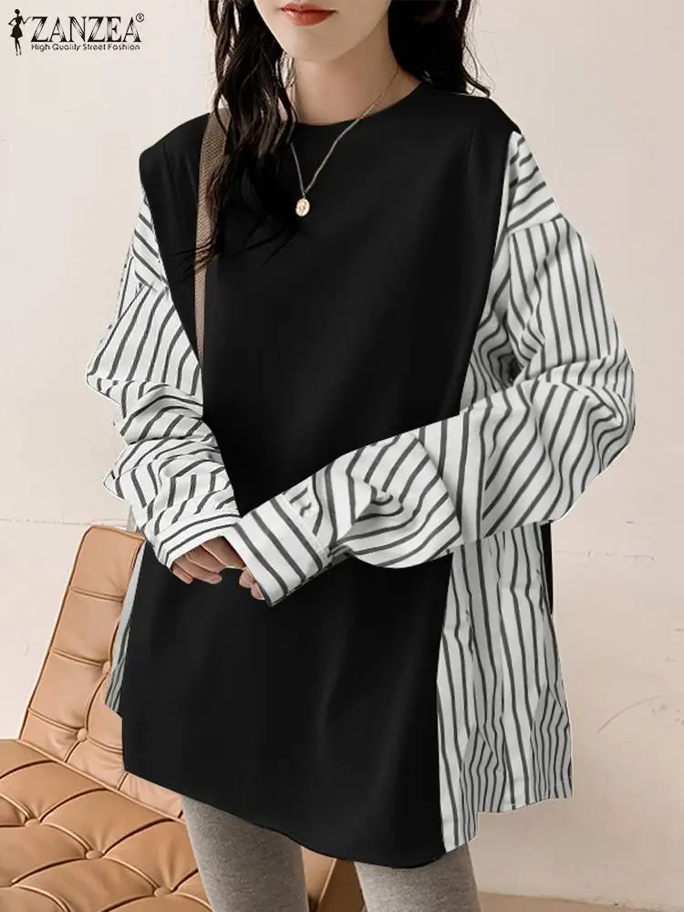 

ZANZEA Fashion Blouse Women Stripe Printed Long Sleeve Tunics Tops 2023 Casual Loose O Neck Vintage Patchwork Blusas Femininas