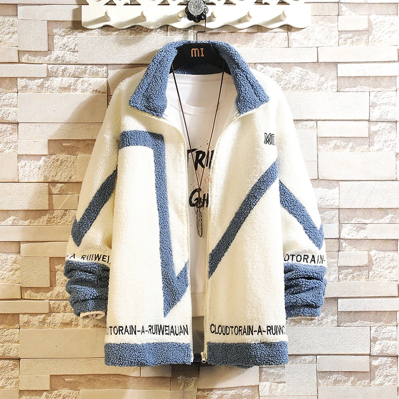 

Men's Lamb Wool Thickened Warm Coat Women Oversized Jacket Casual Fleece Splicing Line Outerwear Winter Zipper Couple Jacket 7XL