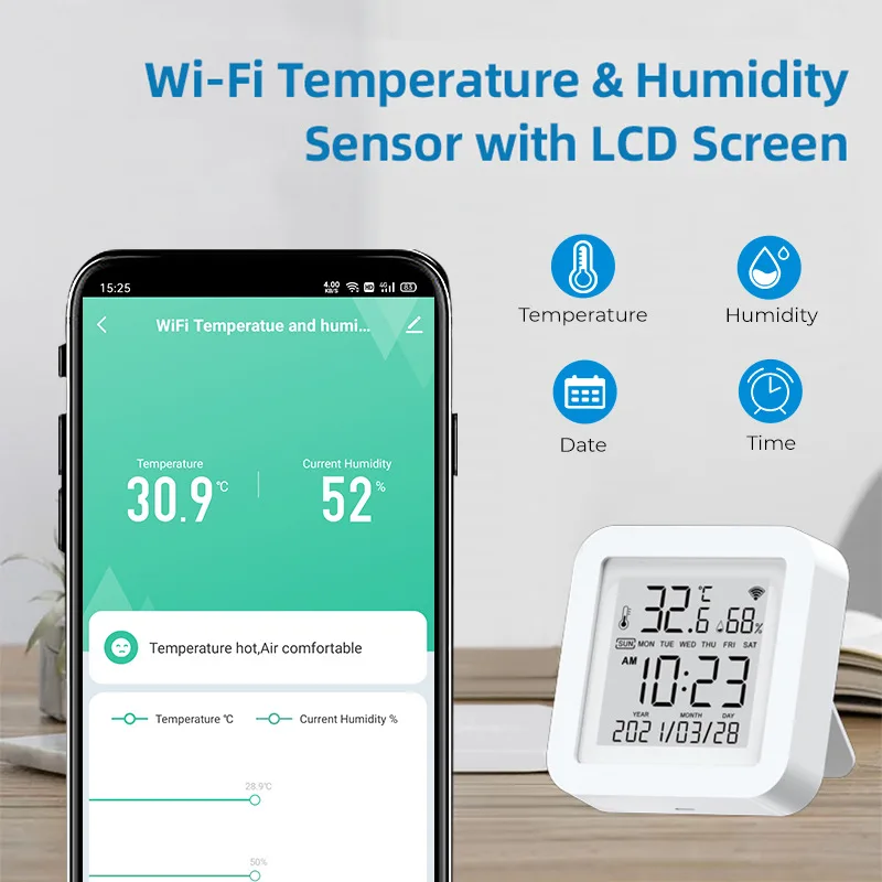 

Tuya WIFI Temperature and Humidity Sensor with Screen Wet Dry Intelligent Thermometre Capteur De Temperature App Remote Control